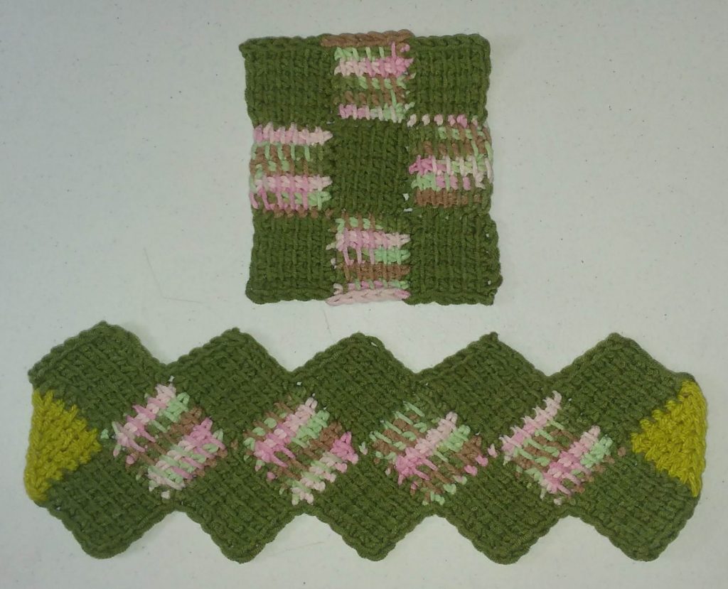 Tunisian Entrelac crochet sample for Fiberworld 2020 class in solid and variegated to emphasize the structure of the stitch pattern